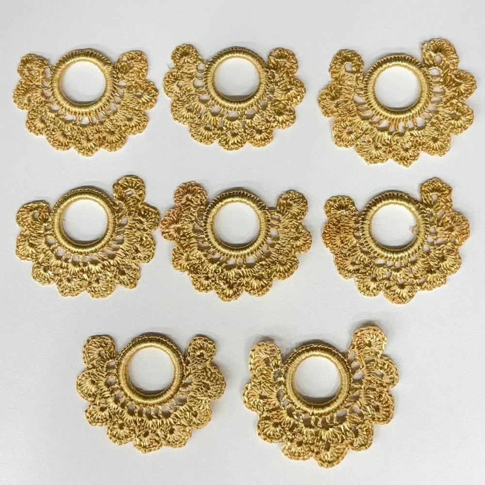 8pc Gold Crochet Lace Appliques Fan Scalloped Metallic Trim Craft Embellishments
